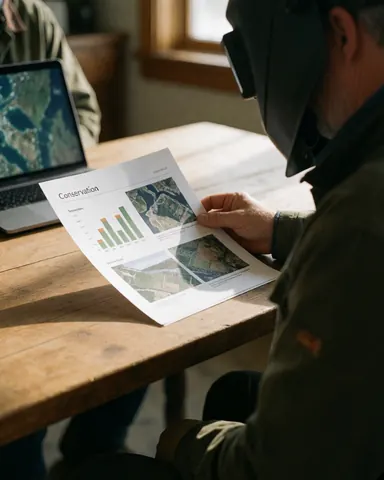 Un client portant un casque de sécurité consulte un rapport de conservation détaillé avec graphiques et cartes sur une table en bois.