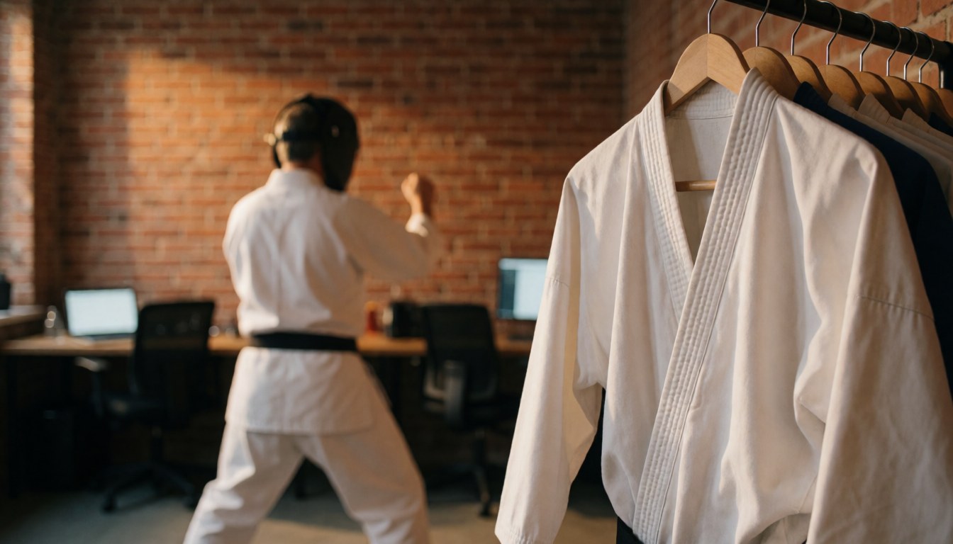 Un dobok blanc est suspendu sur un support en bois dans un dojo avec un mur en briques, un instructeur de karate en posture d'entraînement de dos.