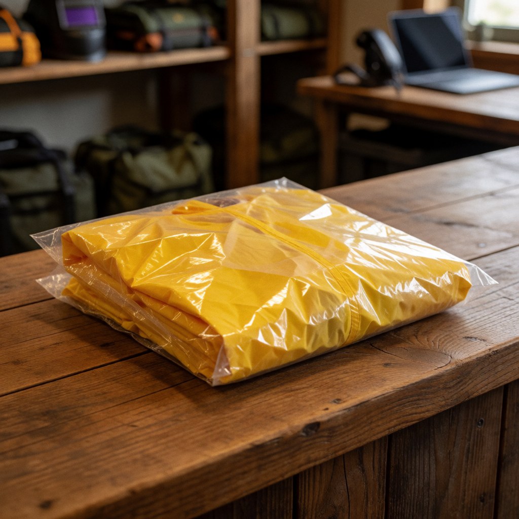 Poncho jaune enveloppé dans du plastique posé sur une table en bois rustique, avec des étagères d'équipement de montagne en arrière-plan, produit prêt à la vente dans un refuge.