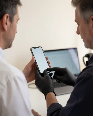 Un technicien en gants noirs teste un téléphone réparé devant un client dans un bureau moderne avec des murs blancs et un ordinateur portable en arrière-plan.