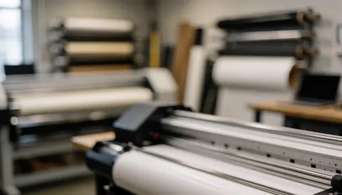 Arrière-plan flou d'un atelier d'impression professionnel avec un traceur et des rouleaux de vinile, idéal pour ajouter du texte ou des annonces.