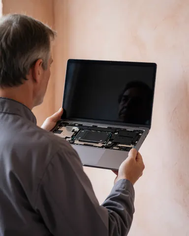 Technicien en train d'installer un disque SSD dans un ordinateur portable, sur un fond de mur clair, illustrant un service de réparation informatique en action.