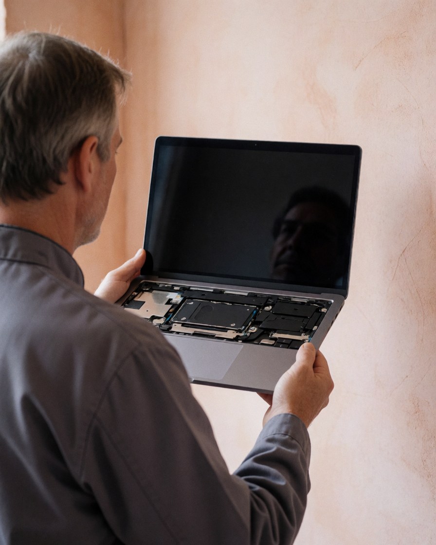 Technicien en train d'installer un disque SSD dans un ordinateur portable, sur un fond de mur clair, illustrant un service de réparation informatique en action.