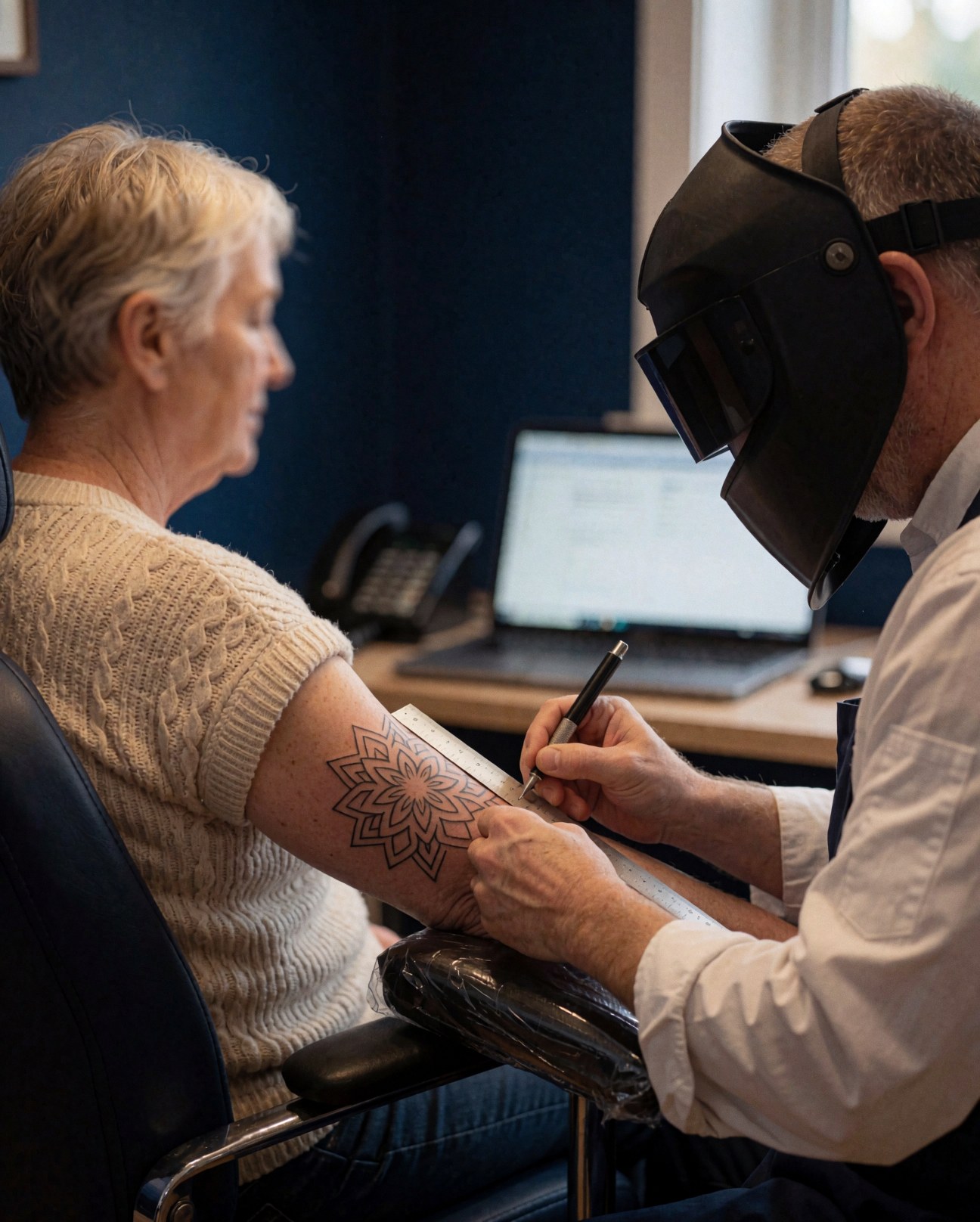 Un tatoueur portant un casque de soudage applique un motif géométrique sur le bras d'une cliente assise dans un studio aux murs bleus.