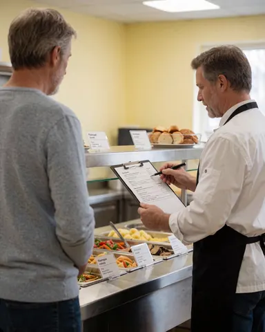 Un coordinateur de fête examine attentivement un buffet dans une cuisine professionnelle aux murs jaunes clairs, entouré d'étiquettes alimentaires et d'ustensiles de service.
