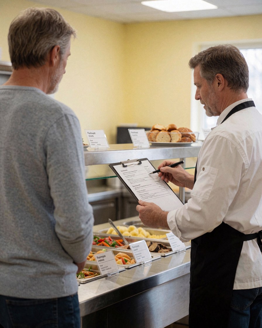 Un coordinateur de fête examine attentivement un buffet dans une cuisine professionnelle aux murs jaunes clairs, entouré d'étiquettes alimentaires et d'ustensiles de service.