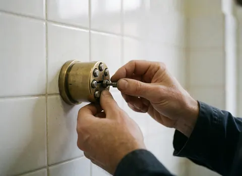 Mains d'un réparateur ajustant les pions d'une serrure en bronze sur un mur de carreaux blancs