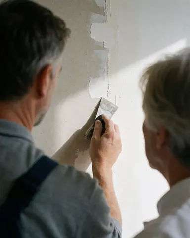 Un réparateur de murs applique du plâtre avec une truelle tandis qu'un client observe la réparation sous une lumière naturelle.