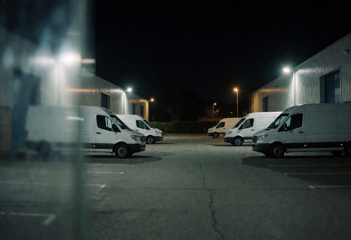 Des camions de fret stationnés dans un parc industriel nocturne, éclairage chaud, ambiance logistique et transport.
