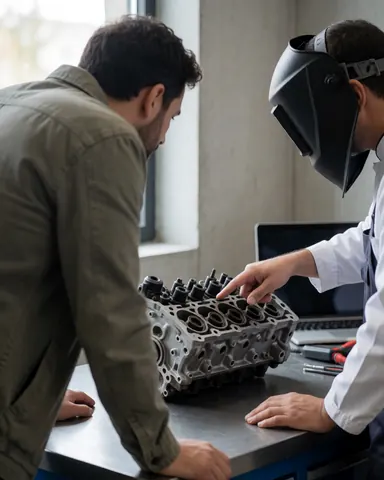 Mécanicien portant un casque de soudage explique les détails du moteur d'une moto à un client dans un atelier bien éclairé.