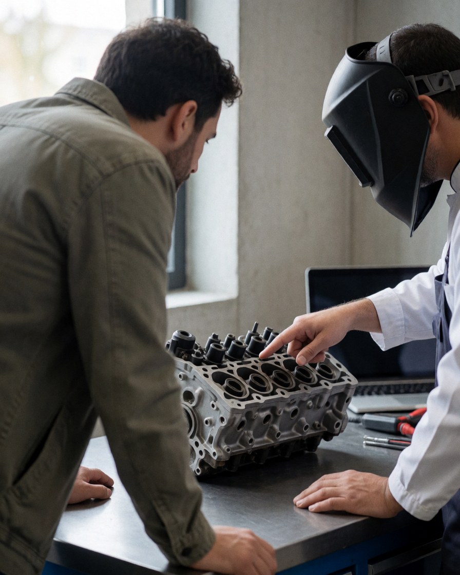 Mécanicien portant un casque de soudage explique les détails du moteur d'une moto à un client dans un atelier bien éclairé.