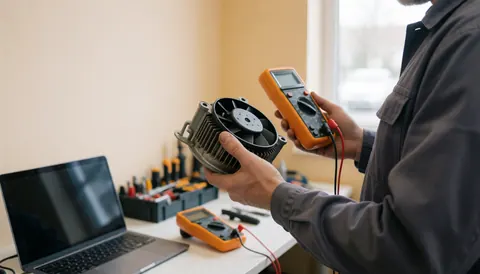 Technicien révisant un moteur de ventilateur avec un multimètre dans un atelier bien éclairé aux murs beige avec des outils visibles.