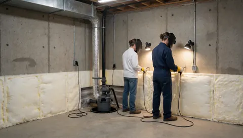 Deux techniciens posent des panneaux d'isolation thermique sur des murs en béton d'un sous-sol équipé d'une pompe d'égout et d'éclairage de chantier.