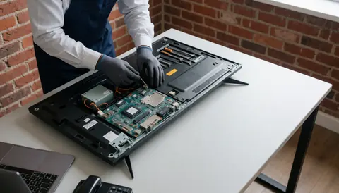 Technicien portant des gants antistatiques répare un téléviseur démonté sur une table blanche, avec carte mère et outils visibles, mur en briques rouges.
