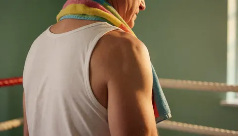 Un boxeur se repose dans le ring, tenant une serviette colorée, avec un mur vert en arrière-plan et une lumière chaleureuse.