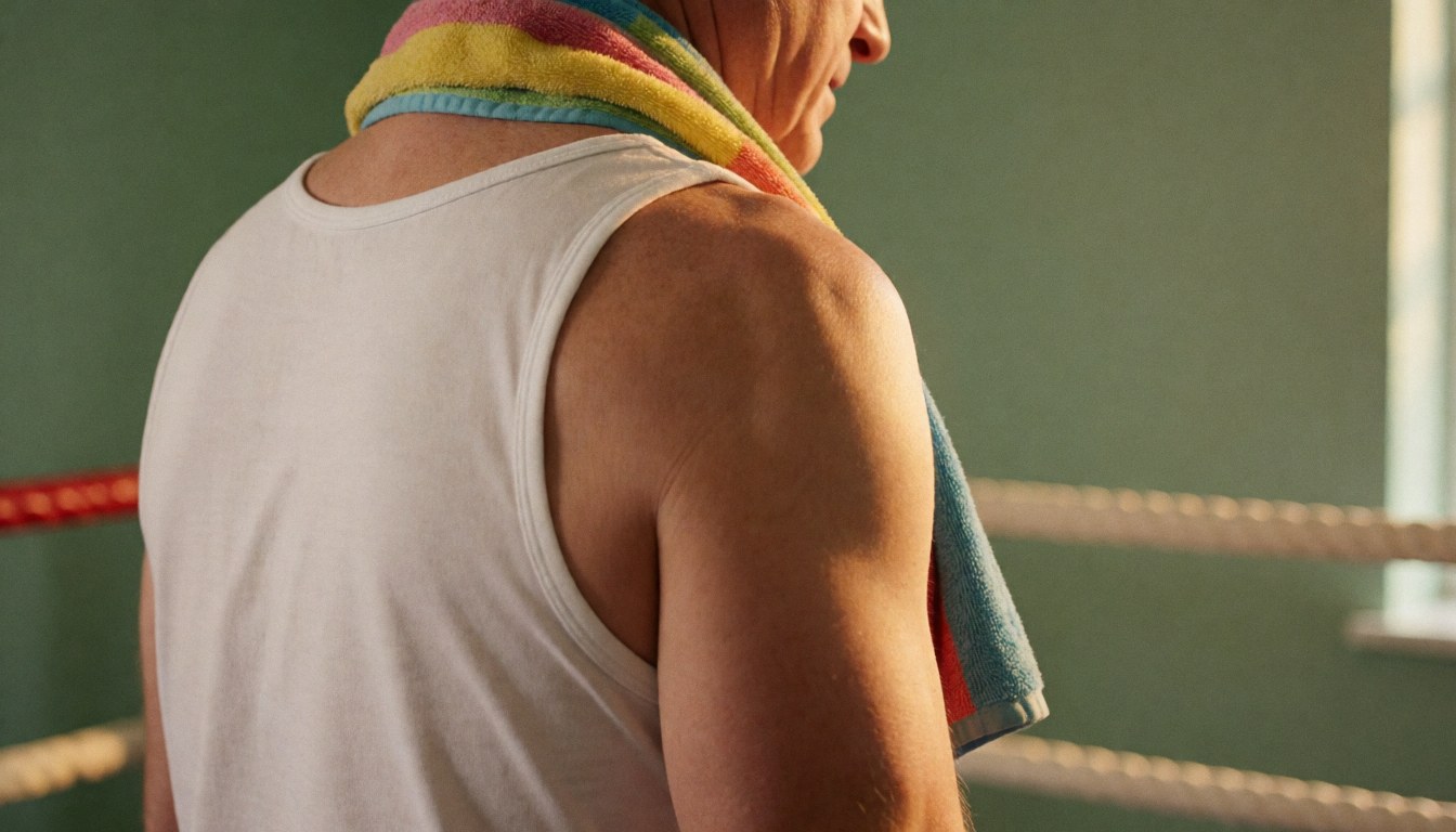 Un boxeur se repose dans le ring, tenant une serviette colorée, avec un mur vert en arrière-plan et une lumière chaleureuse.
