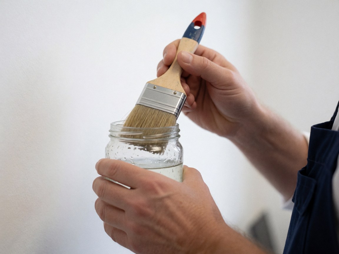 Gros plan d'une main tenant un pinceau au-dessus d'un récipient contenant du solvant, sur un fond blanc uni, illustrant le nettoyage des outils de peinture.