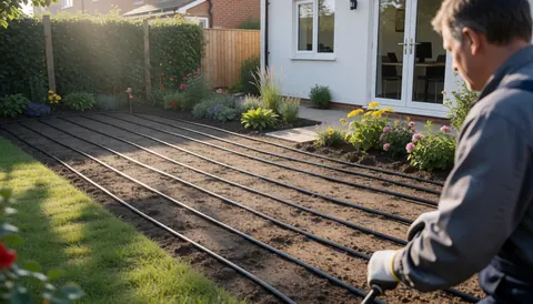 Un jardinier portant des gants installe des tuyaux d'irrigation dans un jardin fleuri et herbeux devant une maison.