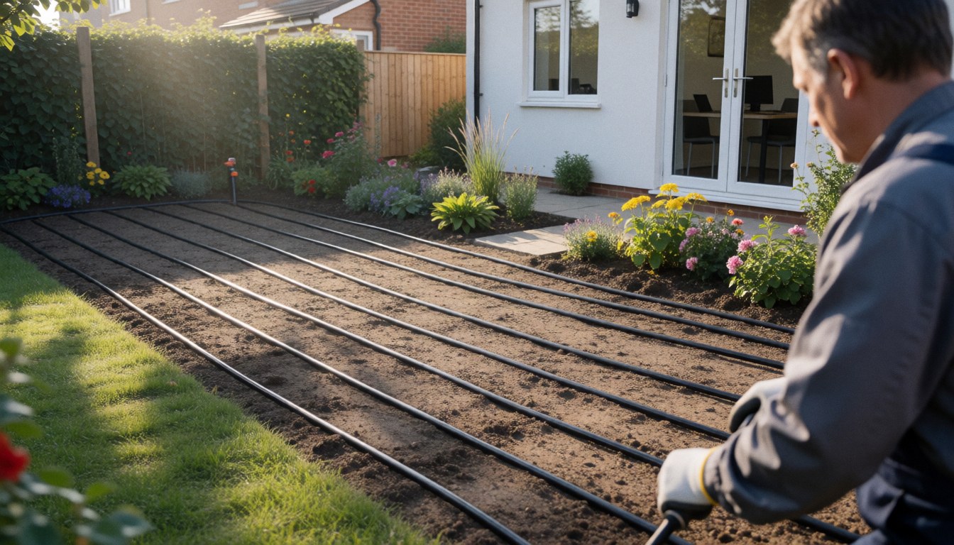 Un jardinier portant des gants installe des tuyaux d'irrigation dans un jardin fleuri et herbeux devant une maison.