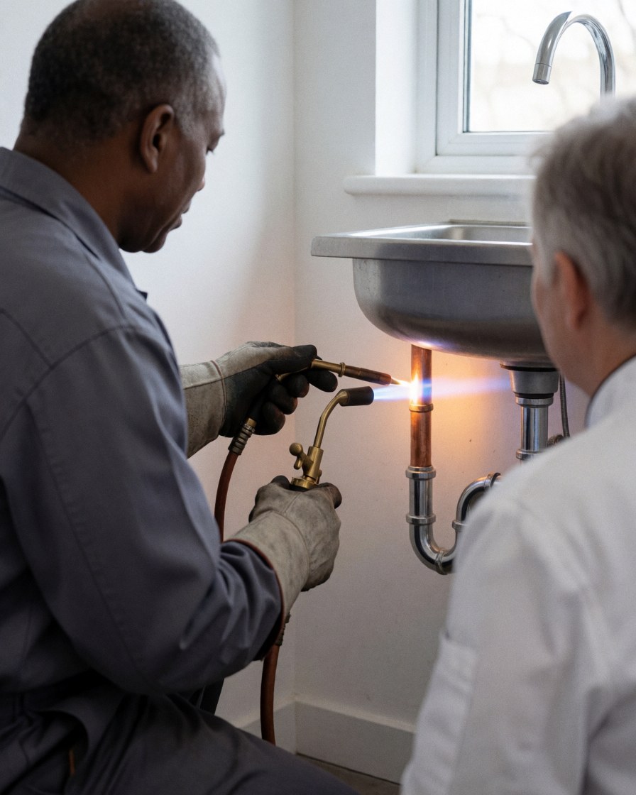 Un plombier avec des gants soude une connexion de tuyau en cuivre sous un évier en acier inoxydable pendant qu'un client observe le travail.