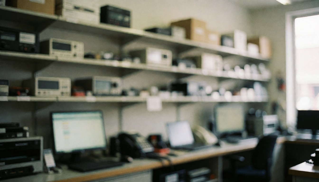 Arrière-plan d'atelier de réparation de télévision avec étagères de composants électroniques, ordinateurs et outils techniques dans un environnement professionnel neutre.