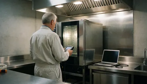 Technicien effectuant une révision d'un four commercial à l'aide d'un outil de diagnostic dans une cuisine industrielle en acier inoxydable.