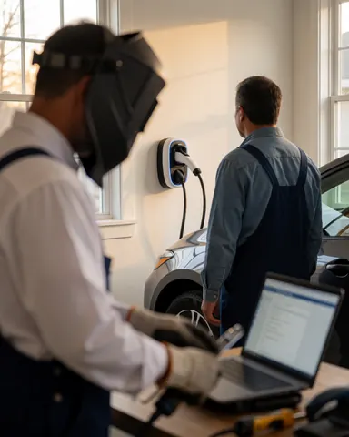 Cliente satisfaite regarde son nouveau chargeur électrique dans le garage, avec un technicien flou en premier plan.