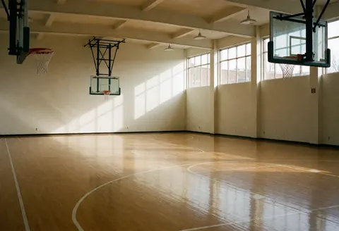Intérieur d'un gymnase de basket-ball vide, parquet de bois poli, lignes blanches, paniers et fenêtres laissant entrer la lumière du soleil.