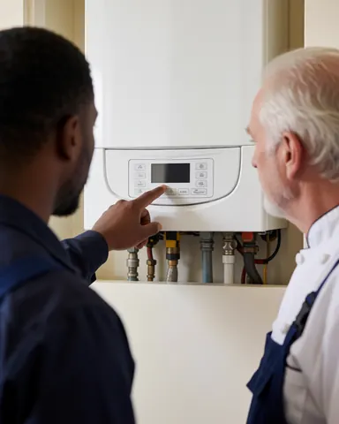 Un technicien en chauffage indique un panneau de contrôle pendant qu'un client observe dans un couloir de maison.
