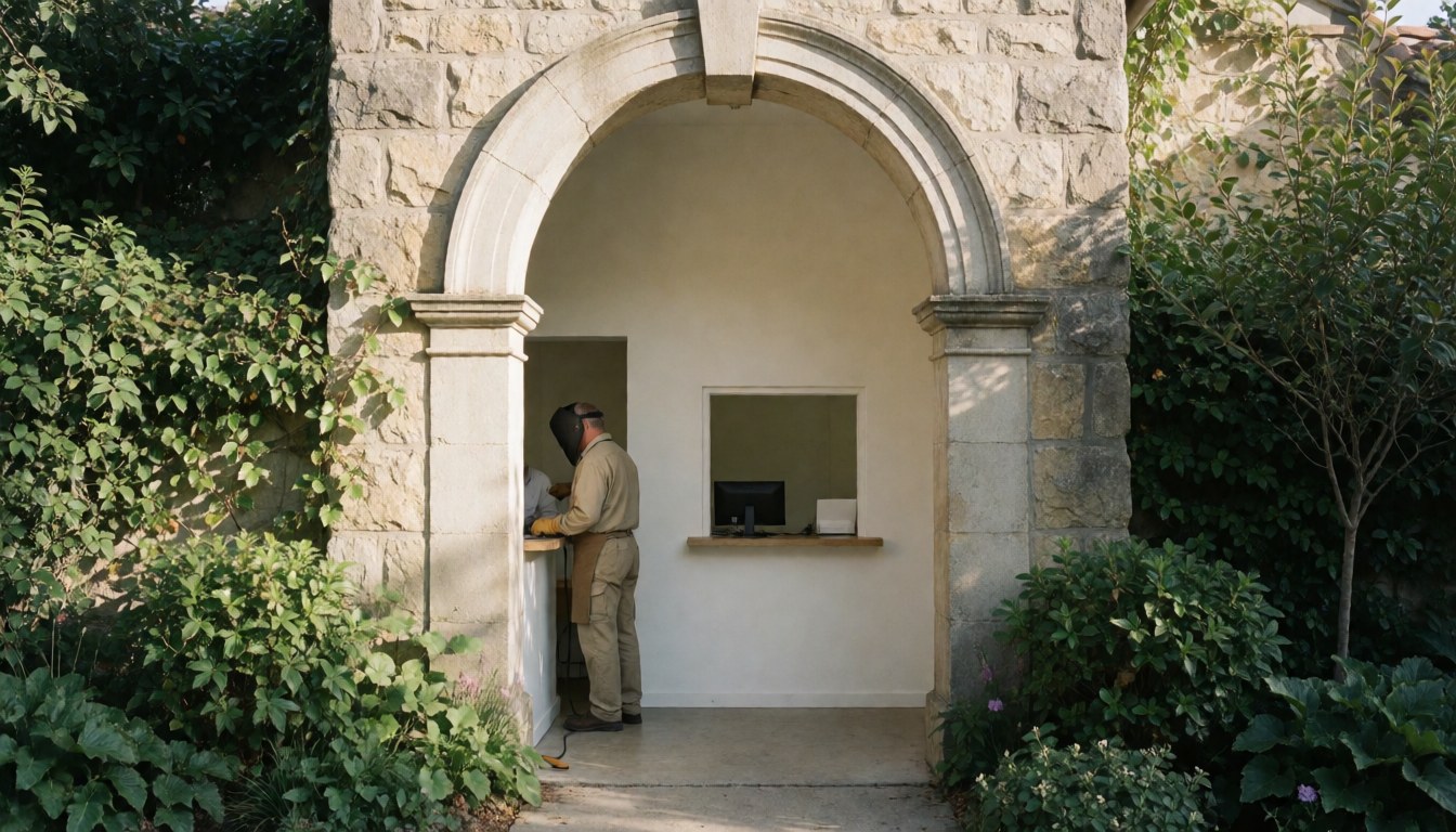 Personnel de billetterie à l'entrée du zoo avec arc en pierre et ordinateur, entouré de végétation.