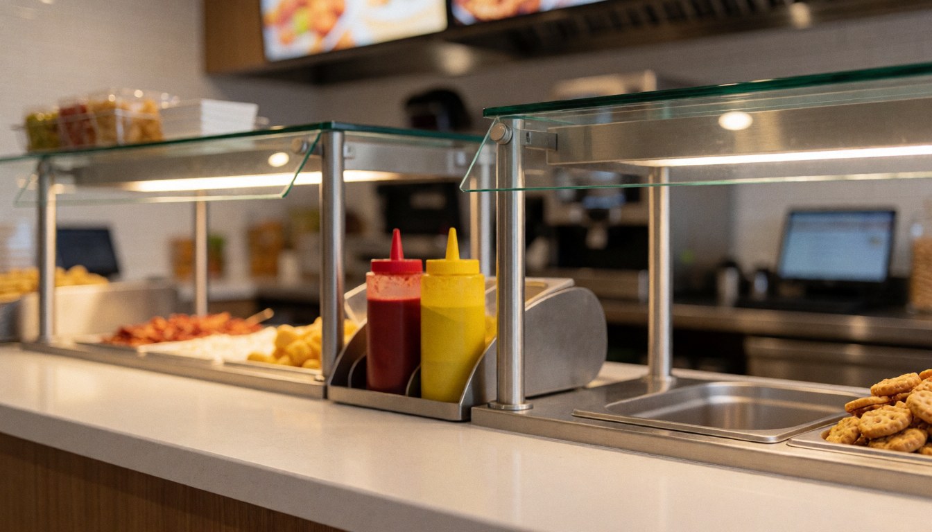 Comptoir de centre de loisirs avec distributeurs de sauce, vitrines en verre et éclairage chaleureux, idéal pour fond de texte.