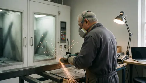 Un homme portant un masque et des lunettes utilise une meuleuse sur une poutre métallique, des étincelles tombent sur une bâche, des machines de pulvérisation visibles en arrière-plan.