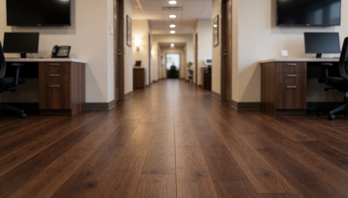 Couloir d'espace professionnel au sol en bois foncé, éclairage doux et mobilier de bureau, servant de fond neutre pour des textes promotionnels liés à l'installation de revêtements de sol.