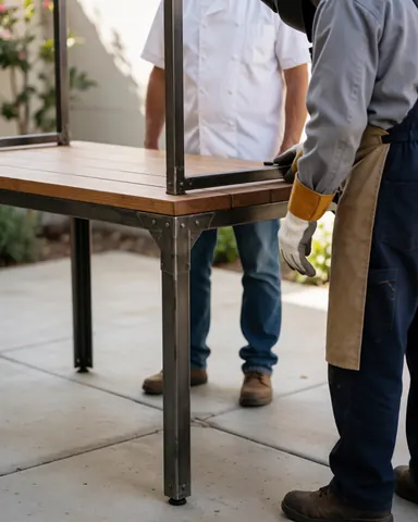 Un technicien ajuste une table en métal et bois pendant qu'un client l'inspecte dans un patio en béton sous lumière naturelle.