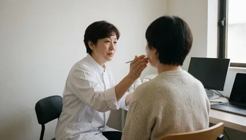 Un professionnel applique une crème sur le visage d'un client assis dans une consultation médicale avec des murs blancs et un équipement médical visible.