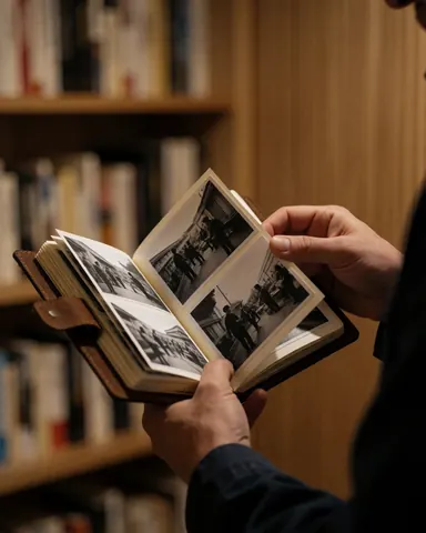 Des mains parcourant un album photo noir et blanc dans une librairie aux étagères en arrière-plan et à la lumière chaude.