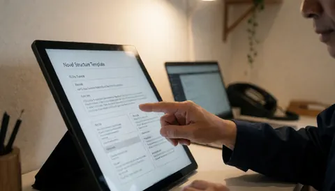 Un écrivain professionnel indique une structure de roman sur une tablette posée sur un bureau éclairé par une lumière chaude, idéal pour une école d'écriture.