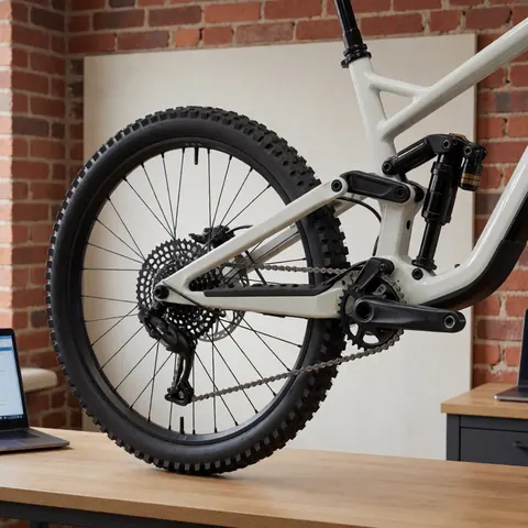 Vélo de montagne avec suspension arrière posé sur une table en bois devant un mur de briques rouges, idéal pour un atelier de réparation.