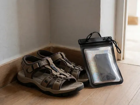 Sandales de randonnée et sac étanche contenant une carte et un téléphone posés sur un plancher en bois près de l'entrée d'un auberge de jeunesse.