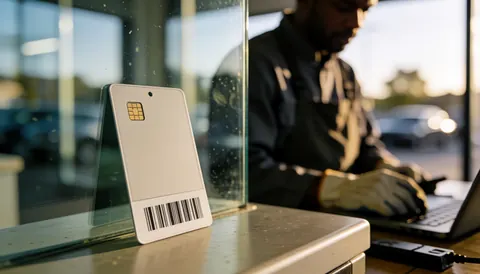 Carte d'accès au parking posée sur du verre avec une personne travaillant sur un ordinateur portable en arrière-plan et une lumière chaude de coucher de soleil.