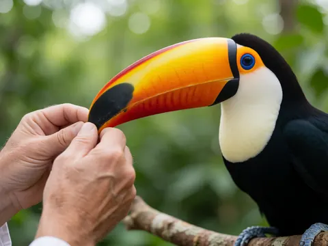 Gros plan du bec d'un tucan aux couleurs vives posé sur une branche, des mains humaines le touchent doucement sur un fond vert flou.