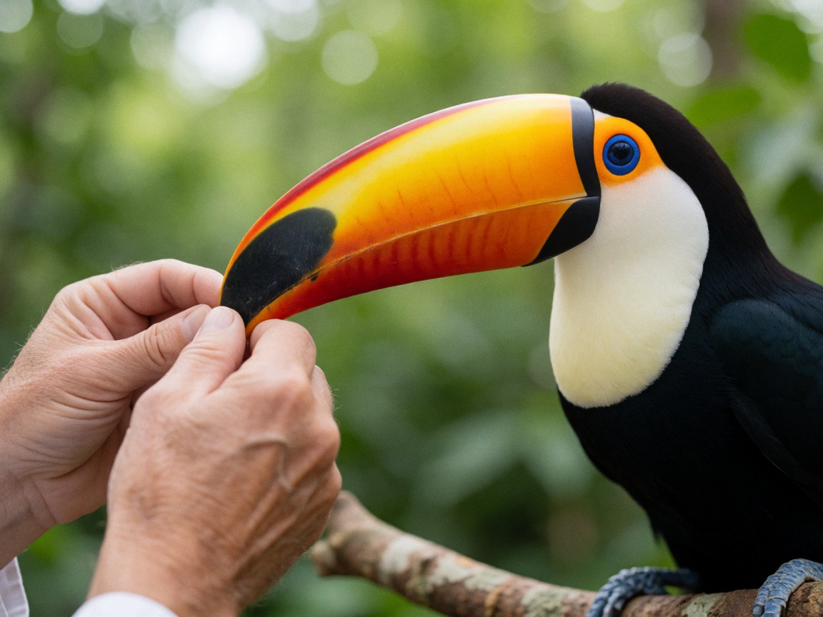 Gros plan du bec d'un tucan aux couleurs vives posé sur une branche, des mains humaines le touchent doucement sur un fond vert flou.