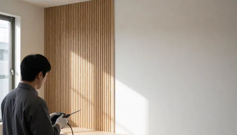 Un menuisier portant un gant de protection travaille sur un panneau de bois à lattes verticales, éclairé par la lumière du soleil dans un atelier moderne aux murs blancs.