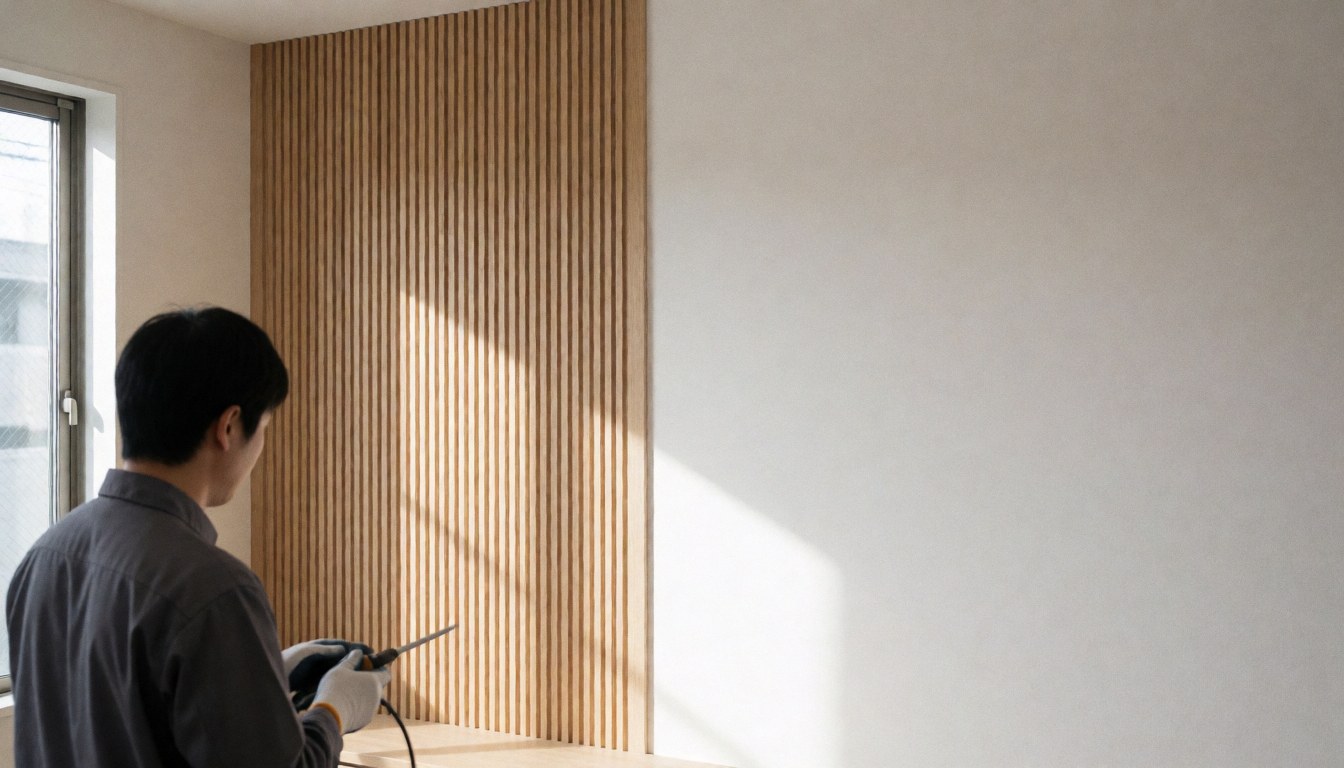 Un menuisier portant un gant de protection travaille sur un panneau de bois à lattes verticales, éclairé par la lumière du soleil dans un atelier moderne aux murs blancs.