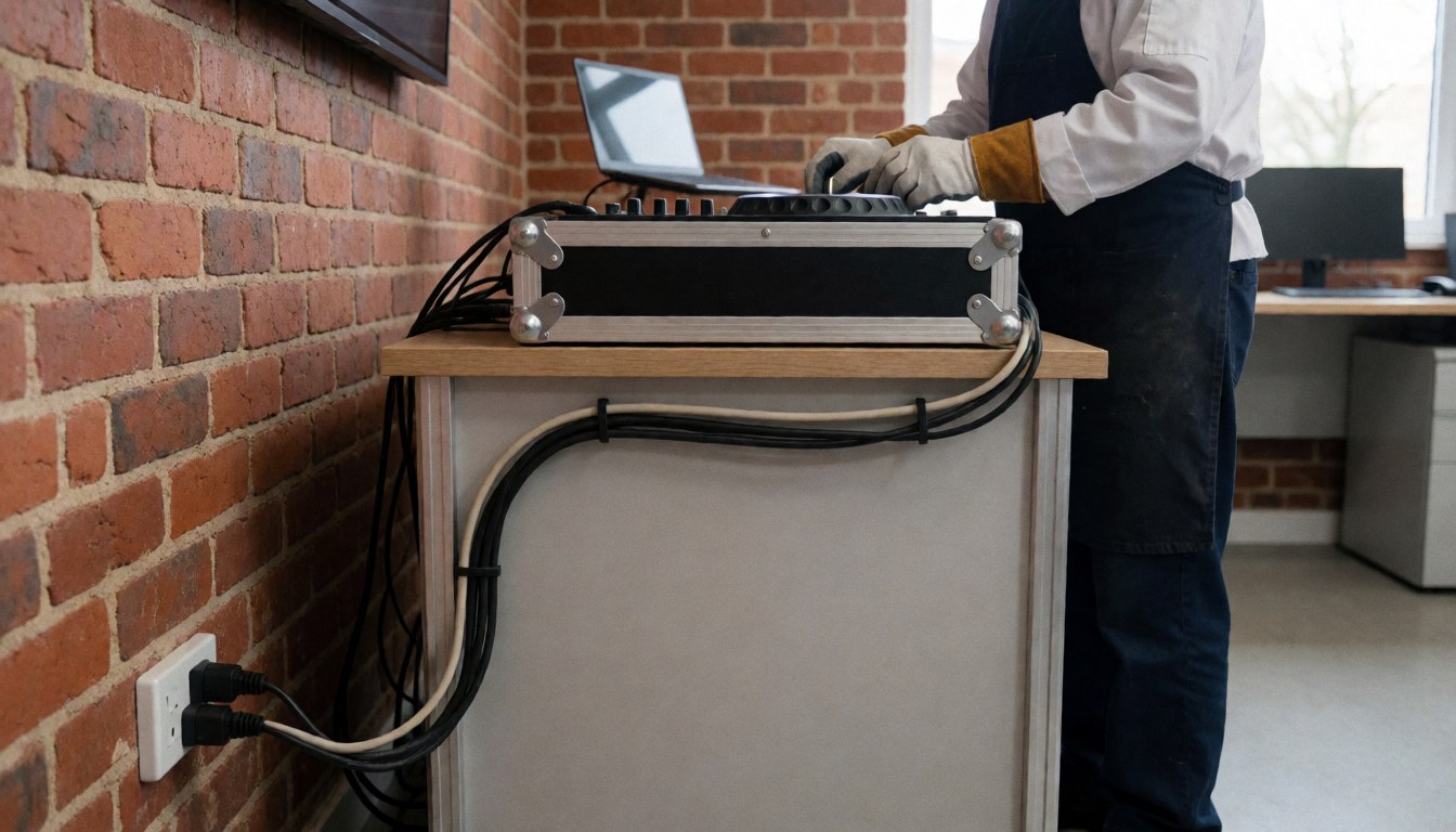 DJ professionnel portant des gants manipulant du matériel sur une table en bois devant un mur de briques rouges avec des câbles branchés sur une prise de courant.