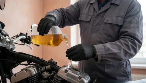 Mécanicien portant des gants noirs verse de l'huile synthétique dans le moteur d'une moto dans un atelier aux murs clairs.