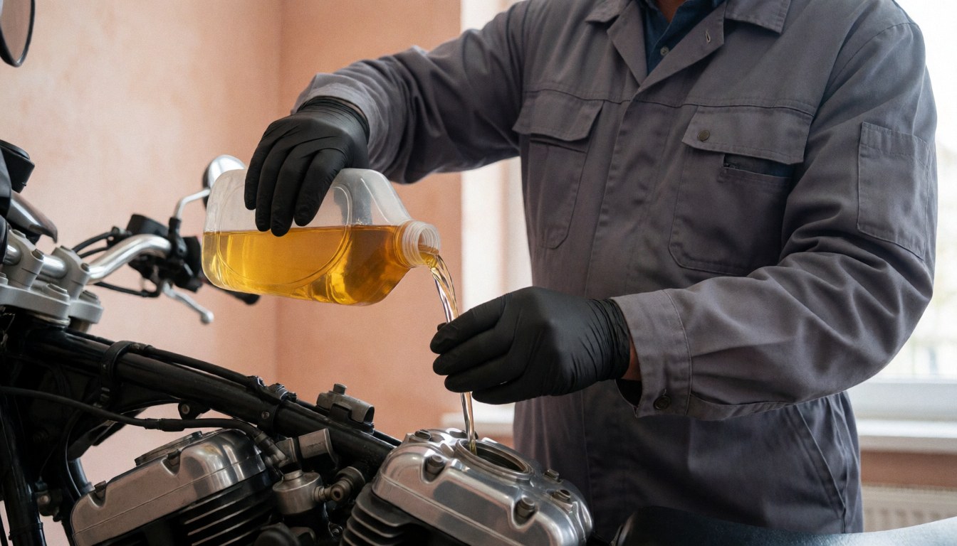 Mécanicien portant des gants noirs verse de l'huile synthétique dans le moteur d'une moto dans un atelier aux murs clairs.