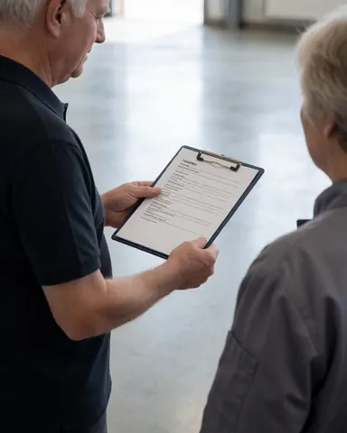 Un professionnel remet un rapport d'inspection à un client dans une usine au sol poli et à la lumière naturelle.