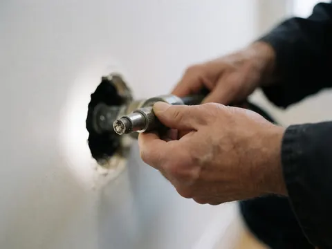 Gros plan des mains d'un plombier utilisant un outil de perçage sur un mur blanc pour un travail de détail.