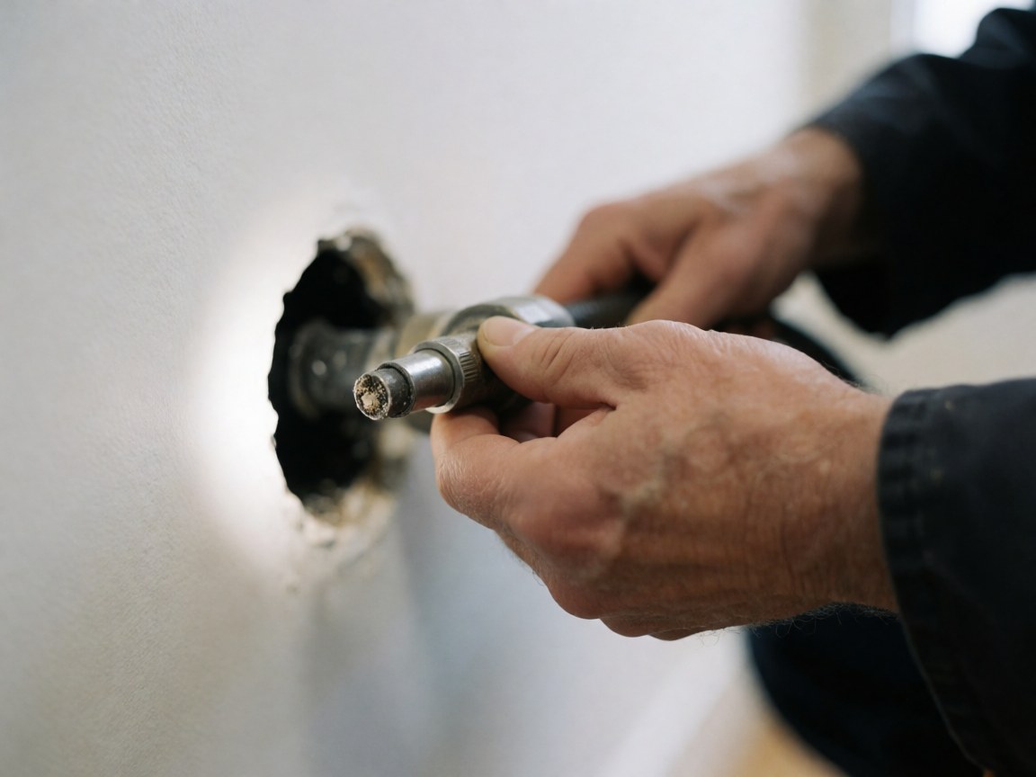 Gros plan des mains d'un plombier utilisant un outil de perçage sur un mur blanc pour un travail de détail.
